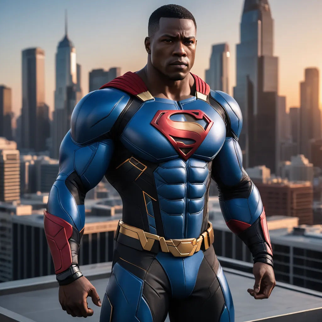 a man in a superman suit standing on a rooftop in front of a city skyline with skyscrapers in the background, photorealism, concept art, Altichiero, unreal engine 5 quality render