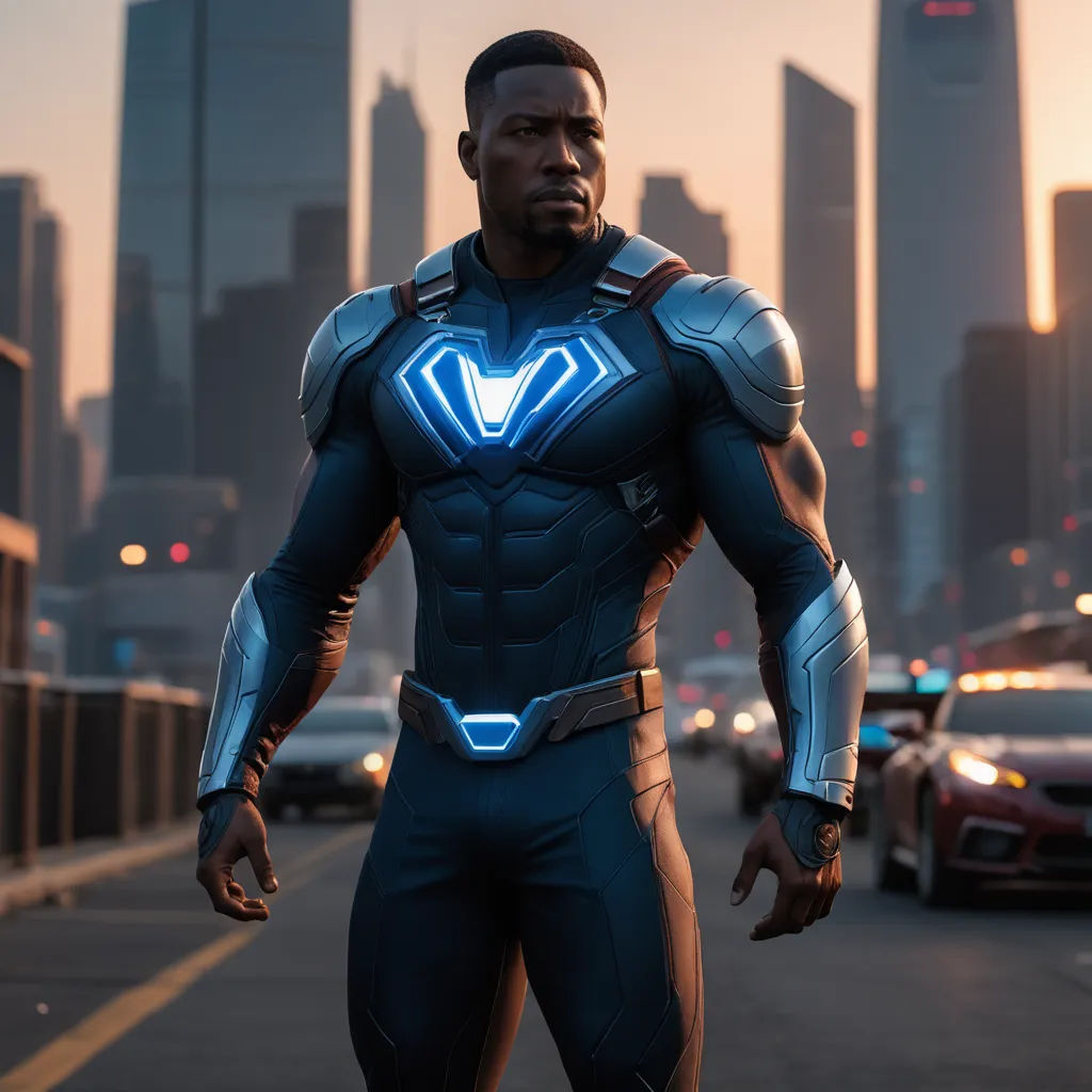 a man in a futuristic suit standing on a street with a city in the background at night time with a glowing blue light, afrofuturism, concept art, Everett Warner, unreal engine highly rendered