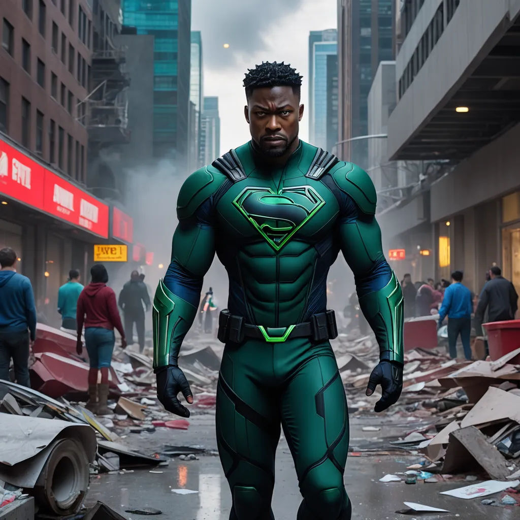 a man in a green suit standing in a city street with debris all around him and a lot of people walking around, afrofuturism, a poster, Altichiero, vfx