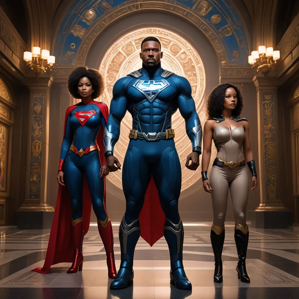 a group of three superheros standing in a hallway together in front of a doorway with a circular window, afrofuturism, poster art, Altichiero, official art