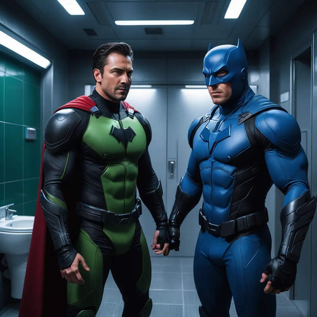 two men dressed as batman and robin wayne in a bathroom stall with a toilet and sink in the background, antipodeans, a comic book panel, Dong Kingman, vfx