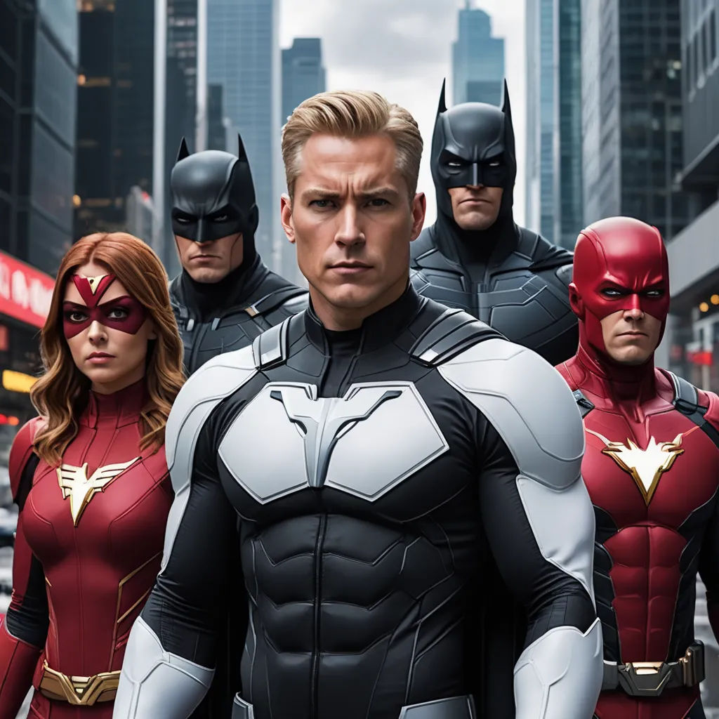 a group of people in costumes standing in a city street with skyscrapers in the background and a man in the middle of the group, rayonism, a comic book panel, Avgust Černigoj, promotional image