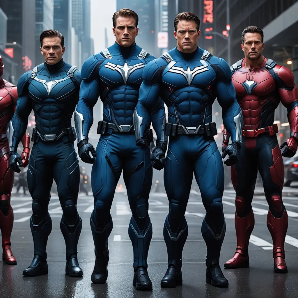 a group of men in superhero costumes standing in the street in front of a cityscape with skyscrapers, antipodeans, a digital rendering, Altichiero, cgi