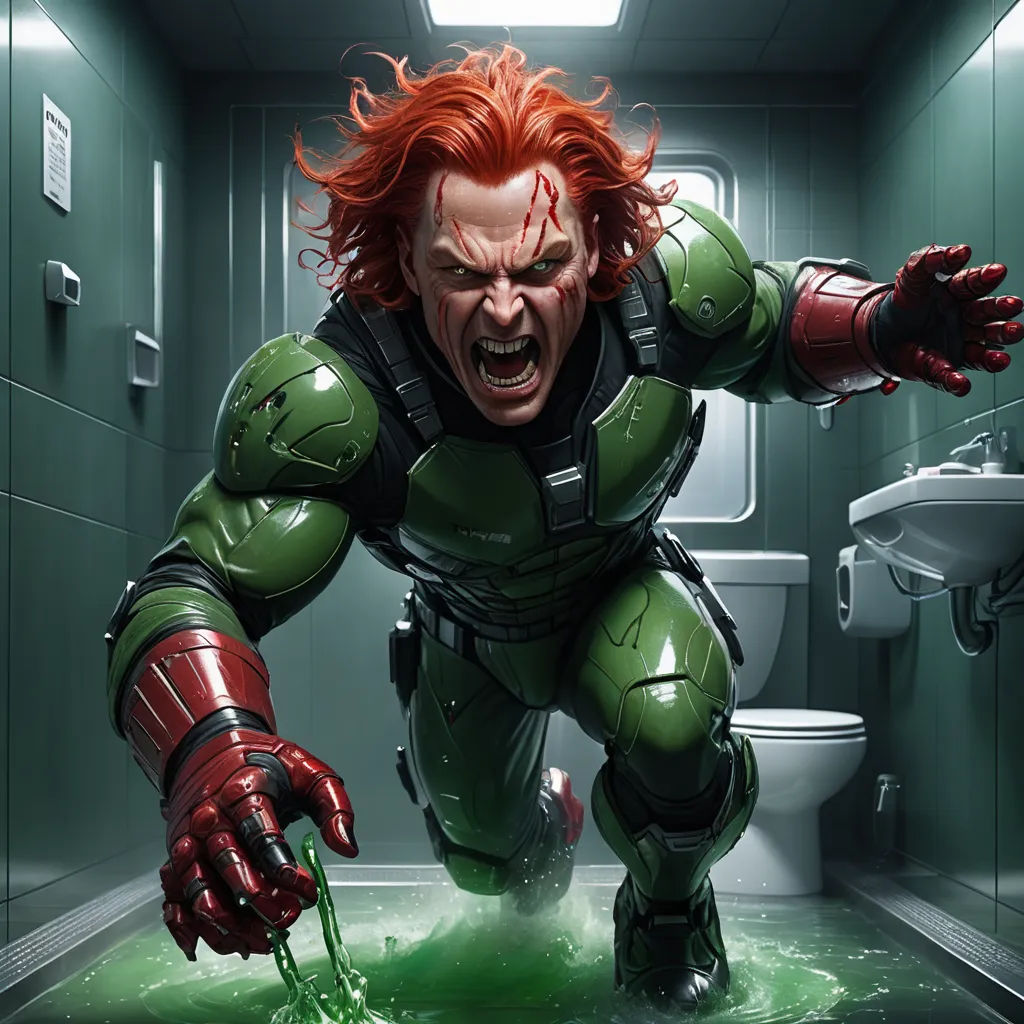 a man in a bathroom with a green substance on the floor and a red hair and a green suit, antipodeans, concept art, Eddie Mendoza, unreal 5 render