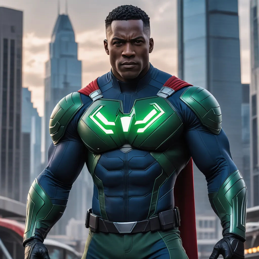 a man in a green and blue suit with a red cape and a city in the background with a bus, afrofuturism, a character portrait, Altichiero, unreal engine highly rendered