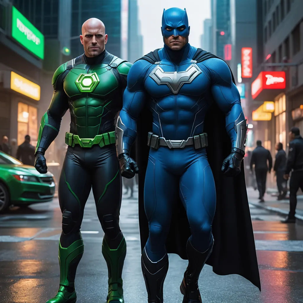 two men in costumes standing on a street corner in the rain, one wearing a green and blue suit, antipodeans, a poster, Altichiero, vfx