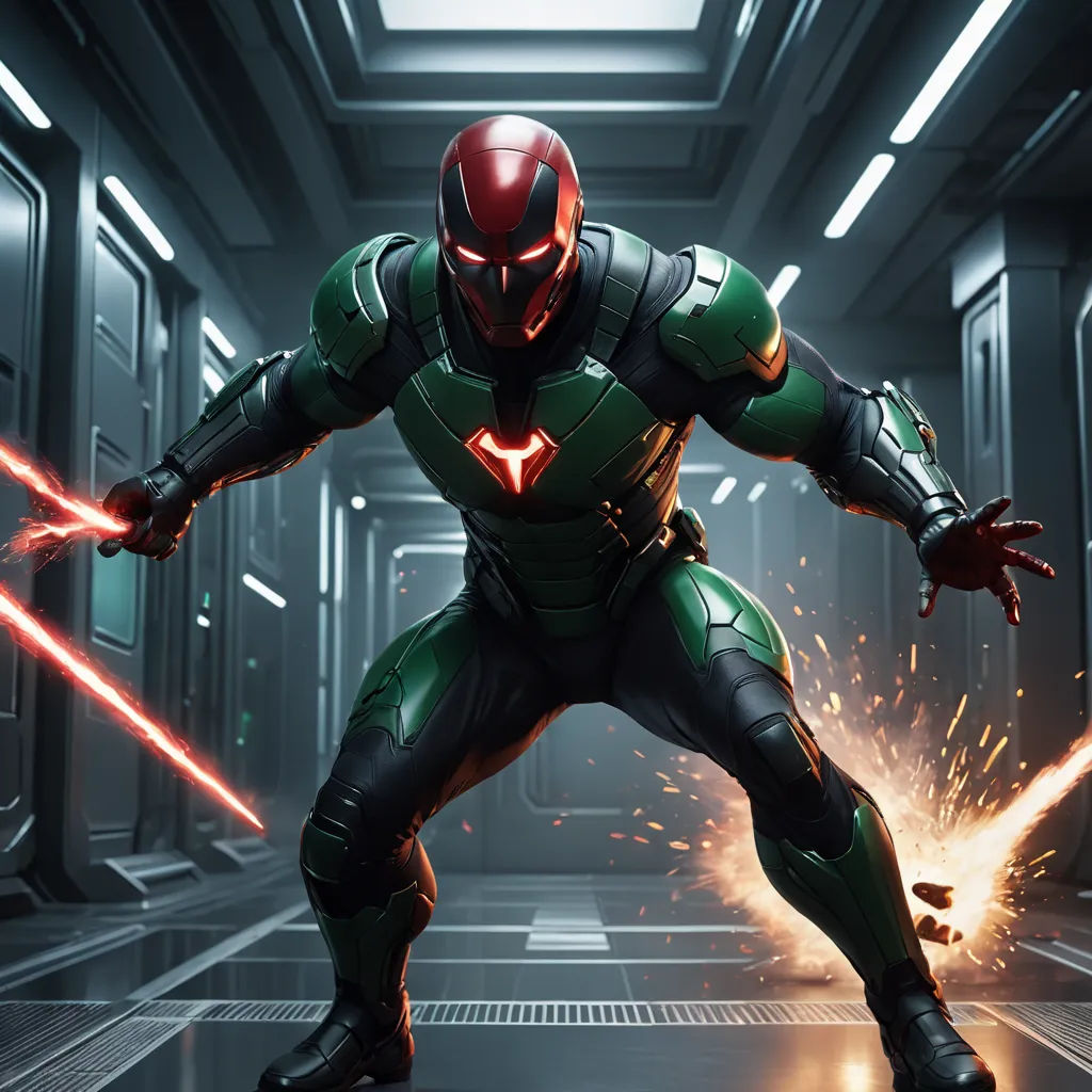 a man in a green and red suit with lightsabed in a dark room with a door open, rayonism, a character portrait, Eve Ryder, nvidia raytracing demo