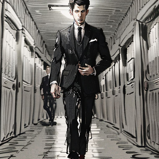 a man in a suit and tie walking down a hallway with a suitcase on the floor and a man in a suit and tie walking down the hallway