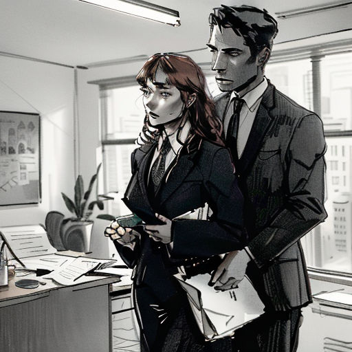 a man and a woman in a suit and tie standing in an office looking at a computer screen and a plant