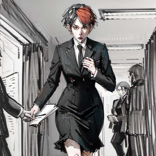 a woman in a suit and tie walking down a hallway with a man in a suit and tie behind her