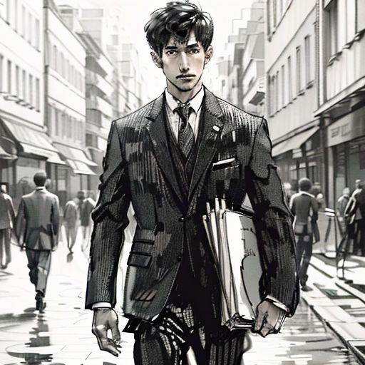 a man in a suit and tie walking down a street with a briefcase in his hand and a book in his other hand