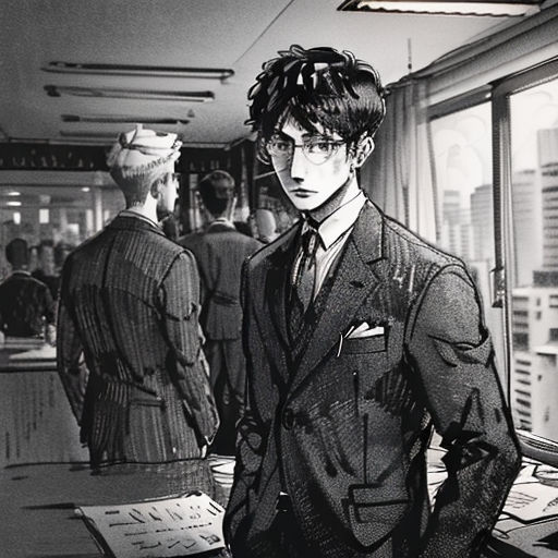 a man in a suit standing in a room with other men in suits and ties around him and looking at the camera