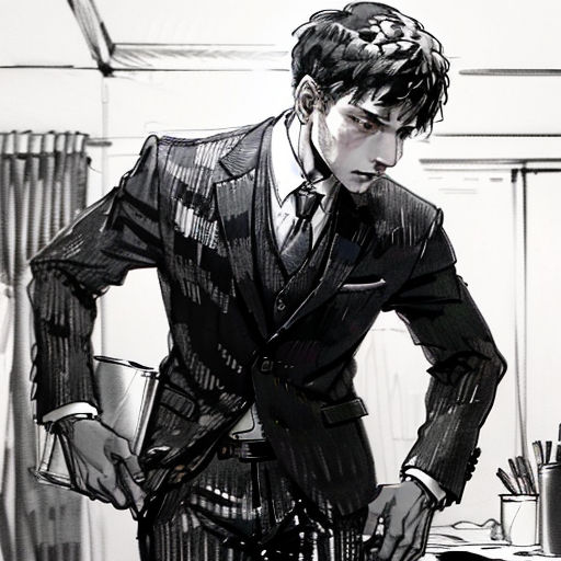a man in a suit is standing in a room with a desk and a chair and a window behind him