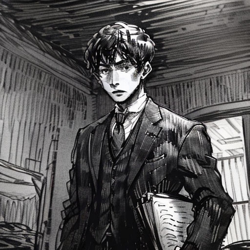 a man in a suit and tie standing in a room with a clock in his hand and a book in his hand