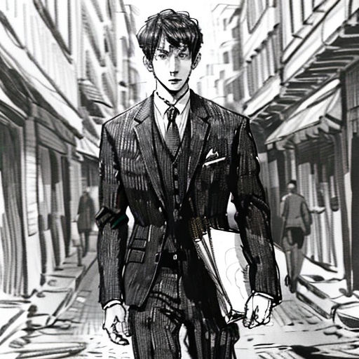 a man in a suit walking down a street with a book in his hand and a book in his other hand