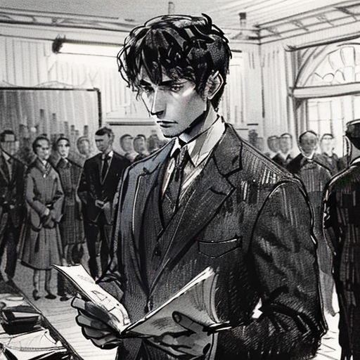a man in a suit reading a book in front of a crowd of people in suits and ties in a building