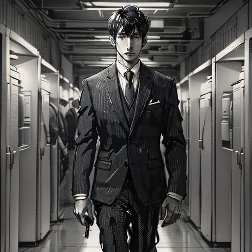 a man in a suit and tie walking down a hallway with a gun in his hand and another man in the background