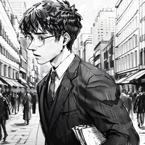 a man in a suit and tie walking down a street with a book in his hand and a book in his other hand