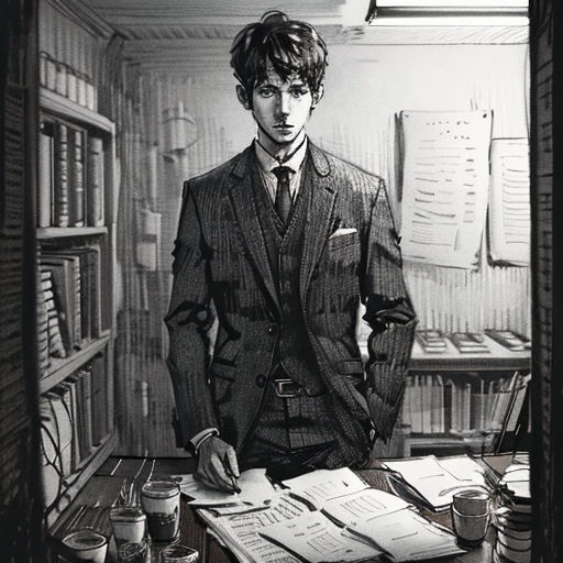 a man in a suit standing in front of a desk with papers and a cup of coffee on it