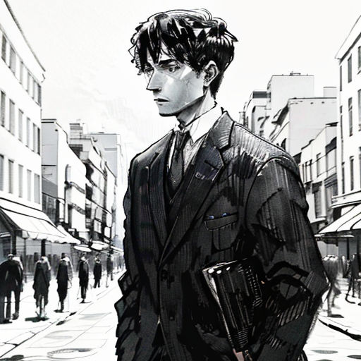 a man in a suit and tie standing on a street corner with a book in his hand and a crowd of people walking by