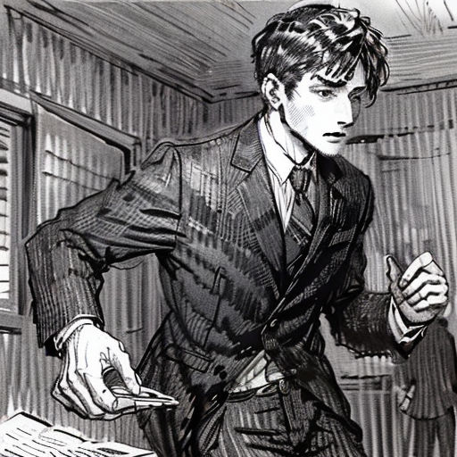 a man in a suit is holding a pen and paper in his hand and a woman in a dress shirt and tie is standing behind him