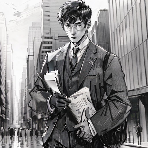 a man in a suit and tie holding a folder and a book in his hands while standing in a city street