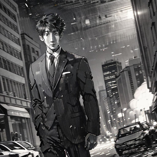 a man in a suit and tie standing in the street at night with a car in the background and a cityscape in the background