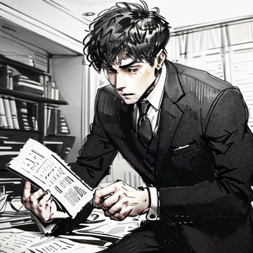a man in a suit sitting at a desk reading a book and looking at a newspaper in his hand