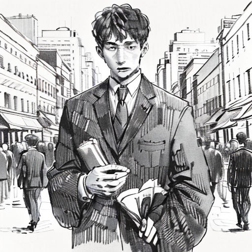a man in a suit and tie standing in the street with a book in his hand and a crowd of people walking by