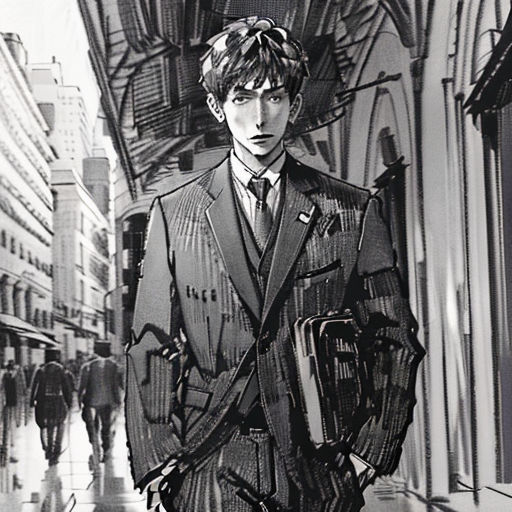 a man in a suit and tie standing on a sidewalk in a city street with a suitcase in his hand
