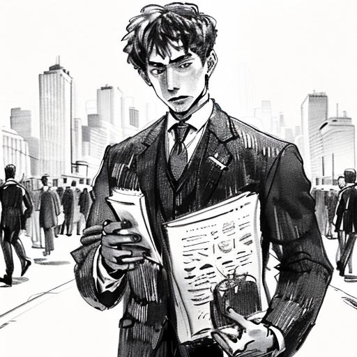 a man in a suit is holding a newspaper and looking at his phone while standing in the street with a crowd of people