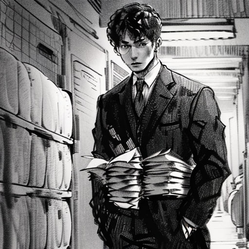 a man in a suit is holding a stack of papers in a hallway with stacks of files on the floor
