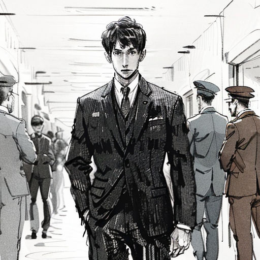 a man in a suit and tie walking down a street with other men in suits and ties on either side of him