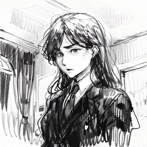a drawing of a woman in a suit and tie looking down at her phone while standing in a train