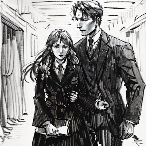 a man and a woman walking down a hallway together in a suit and tie, with a man in a suit and tie