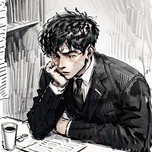a man sitting at a desk with a pen and paper in his hand and a cup of coffee in front of him