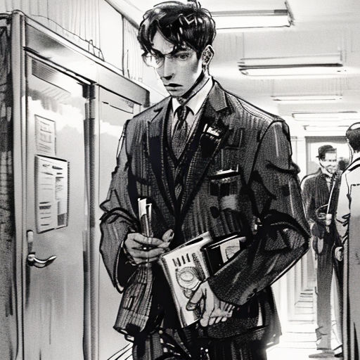 a man in a suit is holding a magazine in his hand and standing in a hallway with other men