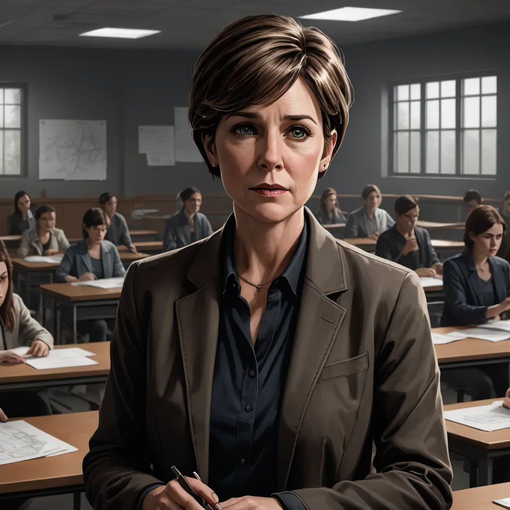 a woman in a suit standing in front of a classroom full of students in desks and chairs with papers on them, sots art, a detailed painting, Alison Debenham, promotional image