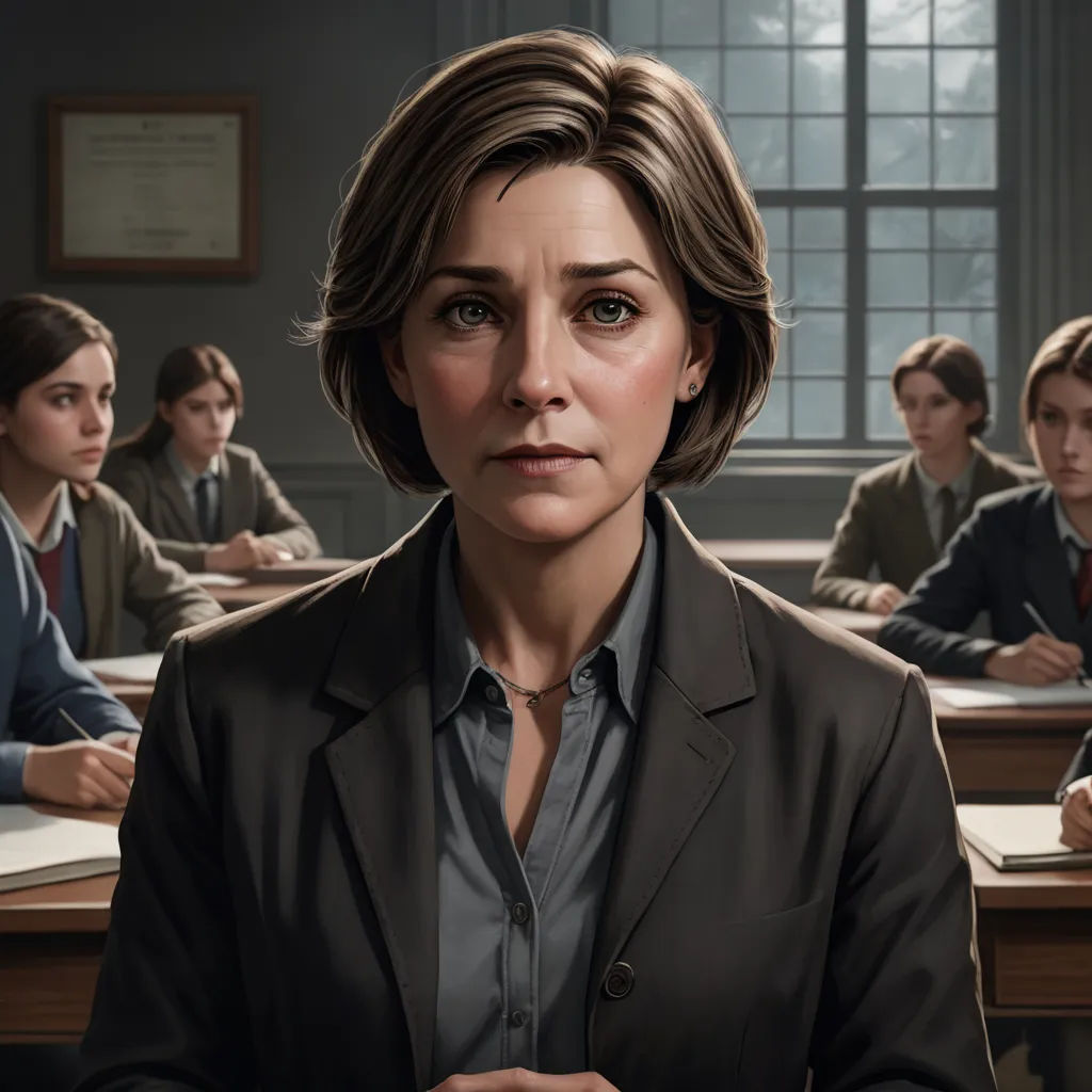 a woman in a suit standing in front of a group of people in a classroom with a desk and a window, sots art, a detailed painting, Constance Gordon-Cumming, ultra realistic digital art