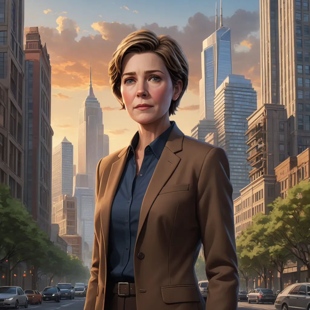 a woman in a suit standing in front of a cityscape with skyscrapers and cars on the street, american scene painting, a character portrait, Constance Gordon-Cumming, key art