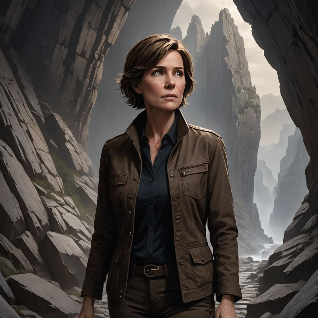 a woman standing in a cave with a mountain in the background and a river running through it, with a man in the foreground, altermodern, a character portrait, Christophe Vacher, promotional image