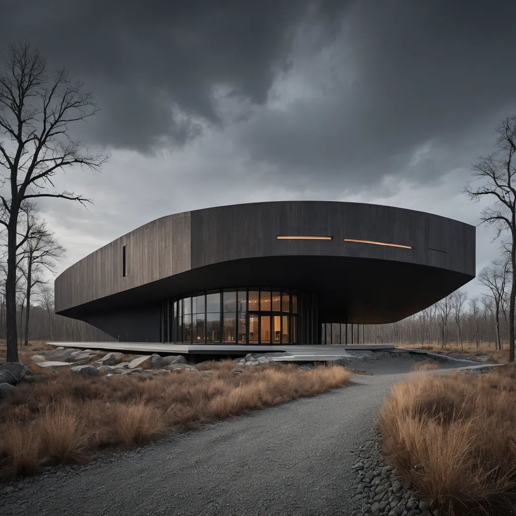 a building with a curved roof and a walkway leading to it on a cloudy day with dark clouds overhead, brutalism, a digital rendering, Amir Zand, archdaily
