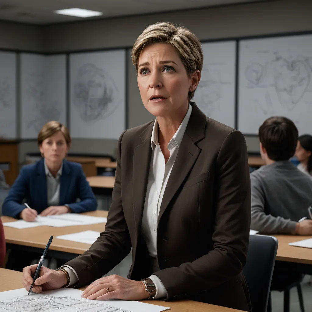 a woman sitting at a desk with a pen in her hand and a man in a suit behind her, institutional critique, a stock photo, Barbara Greg, promotional image