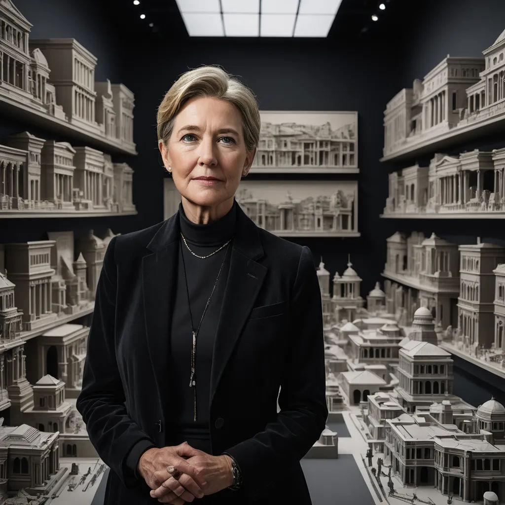 a woman standing in front of a model of a city with buildings on the walls and a skylight, academic art, a marble sculpture, Alison Debenham, arthouse