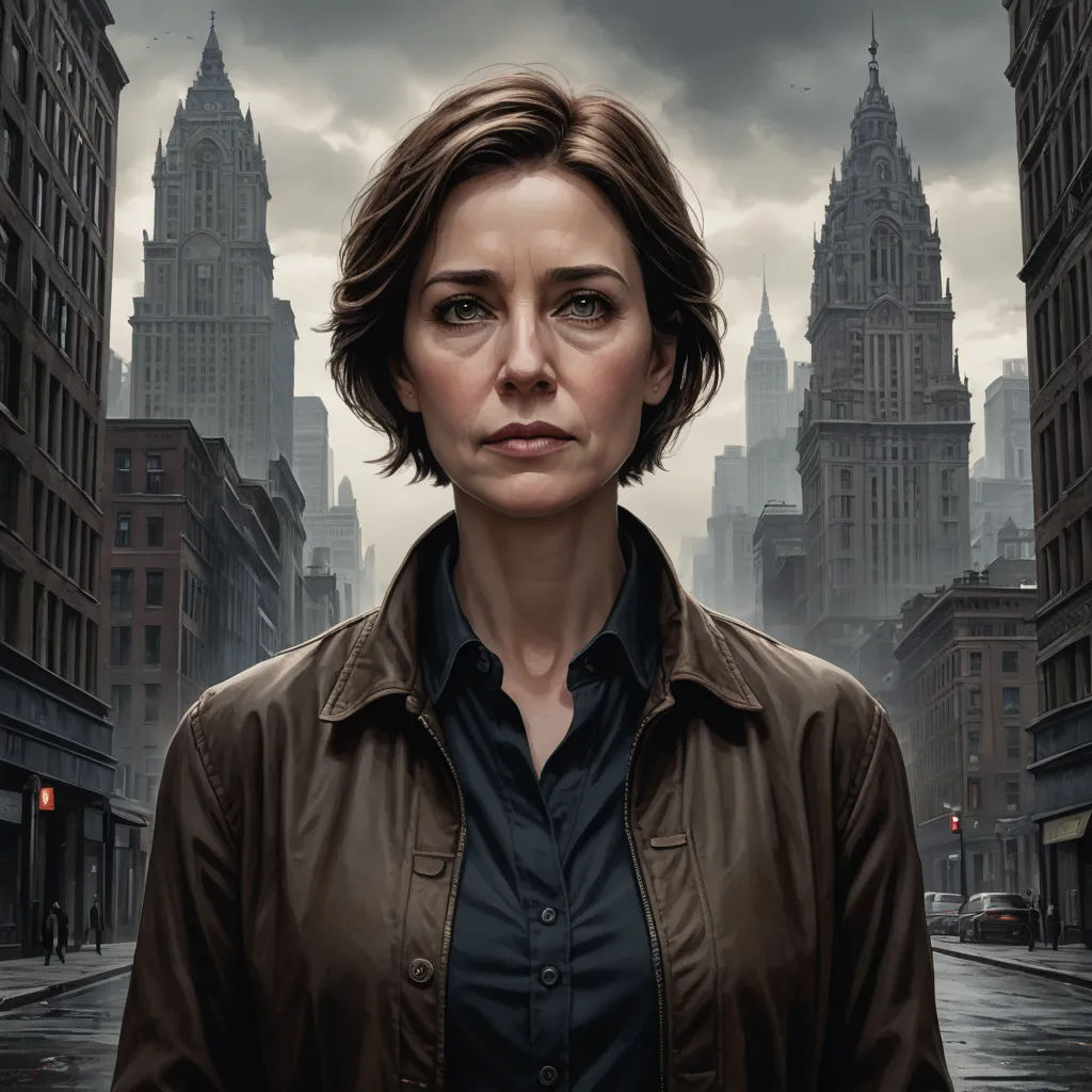 a woman standing in a city with a dark sky in the background and a dark sky in the background, serial art, a detailed painting, David Palumbo, highly detailed digital painting
