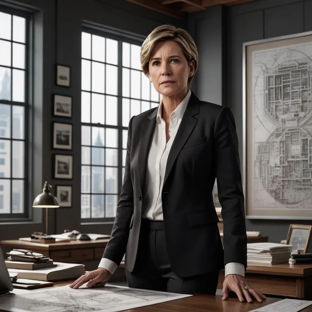 a woman in a suit standing at a desk with a laptop and papers on it in front of a window, institutional critique, a character portrait, Barbara Greg, promotional image