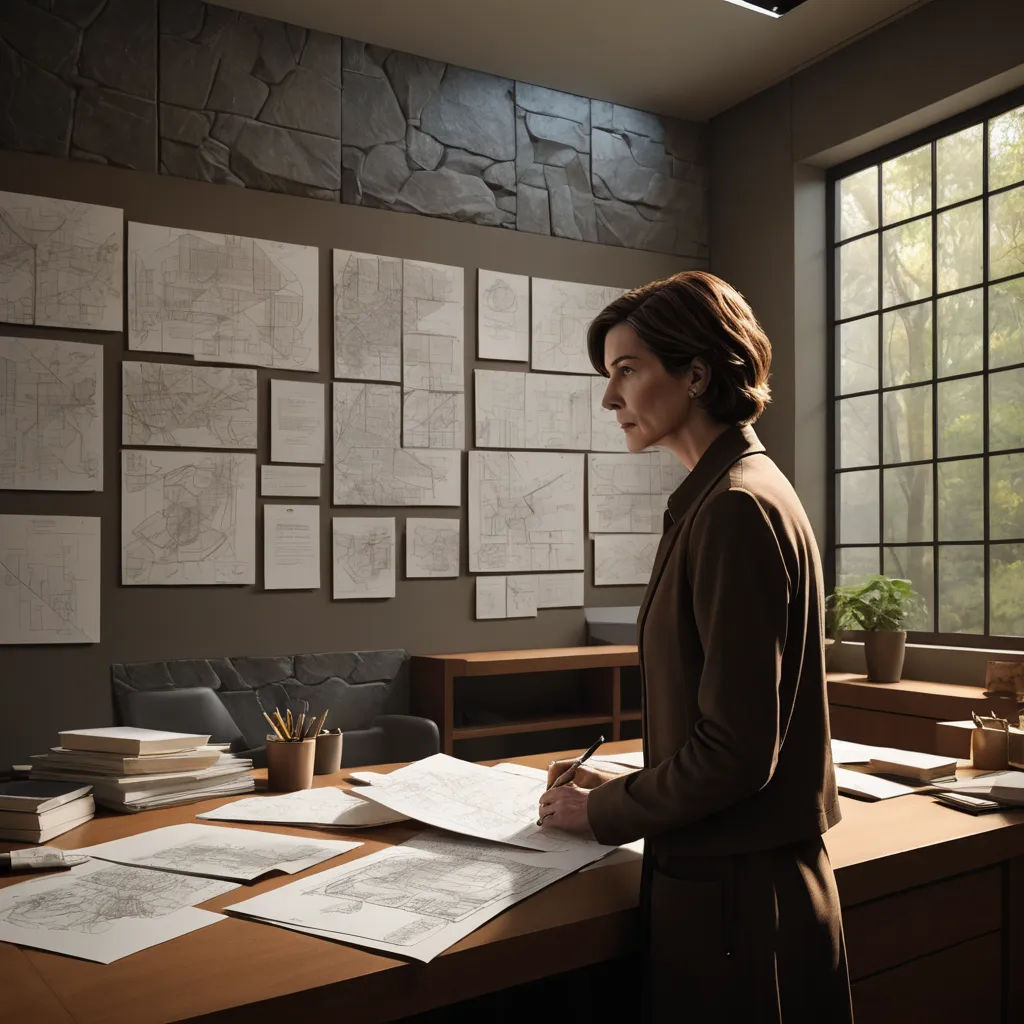 a woman standing at a desk with papers on it and a window behind her looking out onto the street, academic art, computer graphics, Claire Falkenstein, promotional image