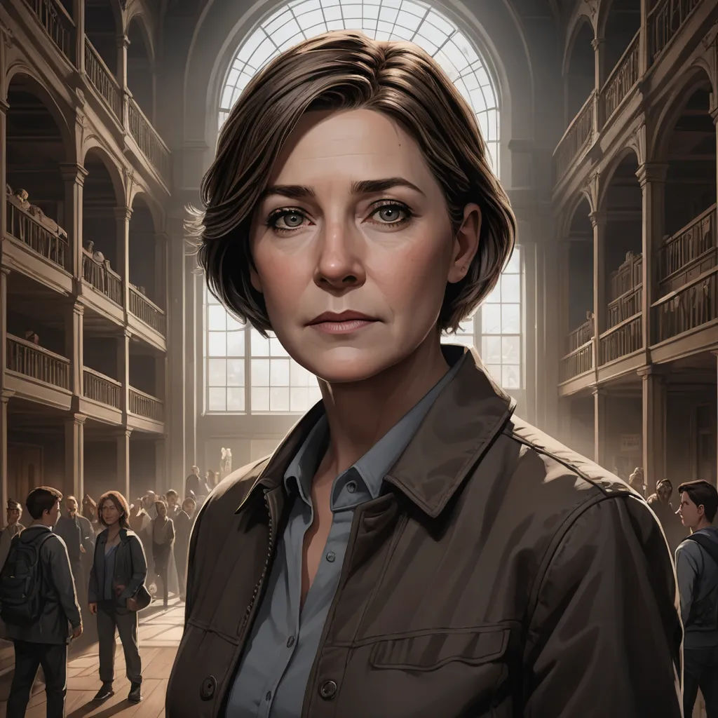 a woman standing in a large building with a lot of people around her and a window in the background, sots art, a character portrait, Constance Gordon-Cumming, key art