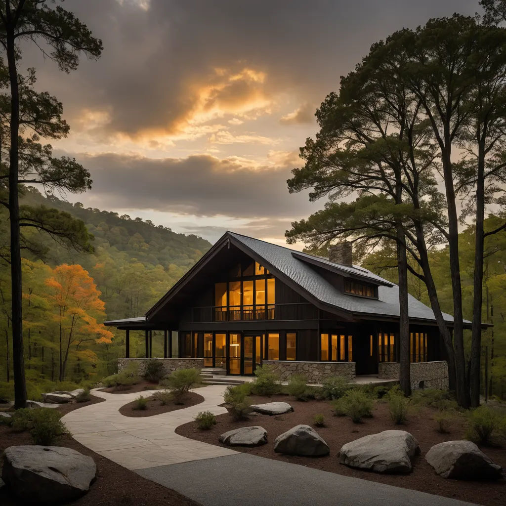 a house with a walkway leading to it and a sunset in the background with clouds in the sky above, arts and crafts movement, a digital rendering, Douglas Shuler, archdaily