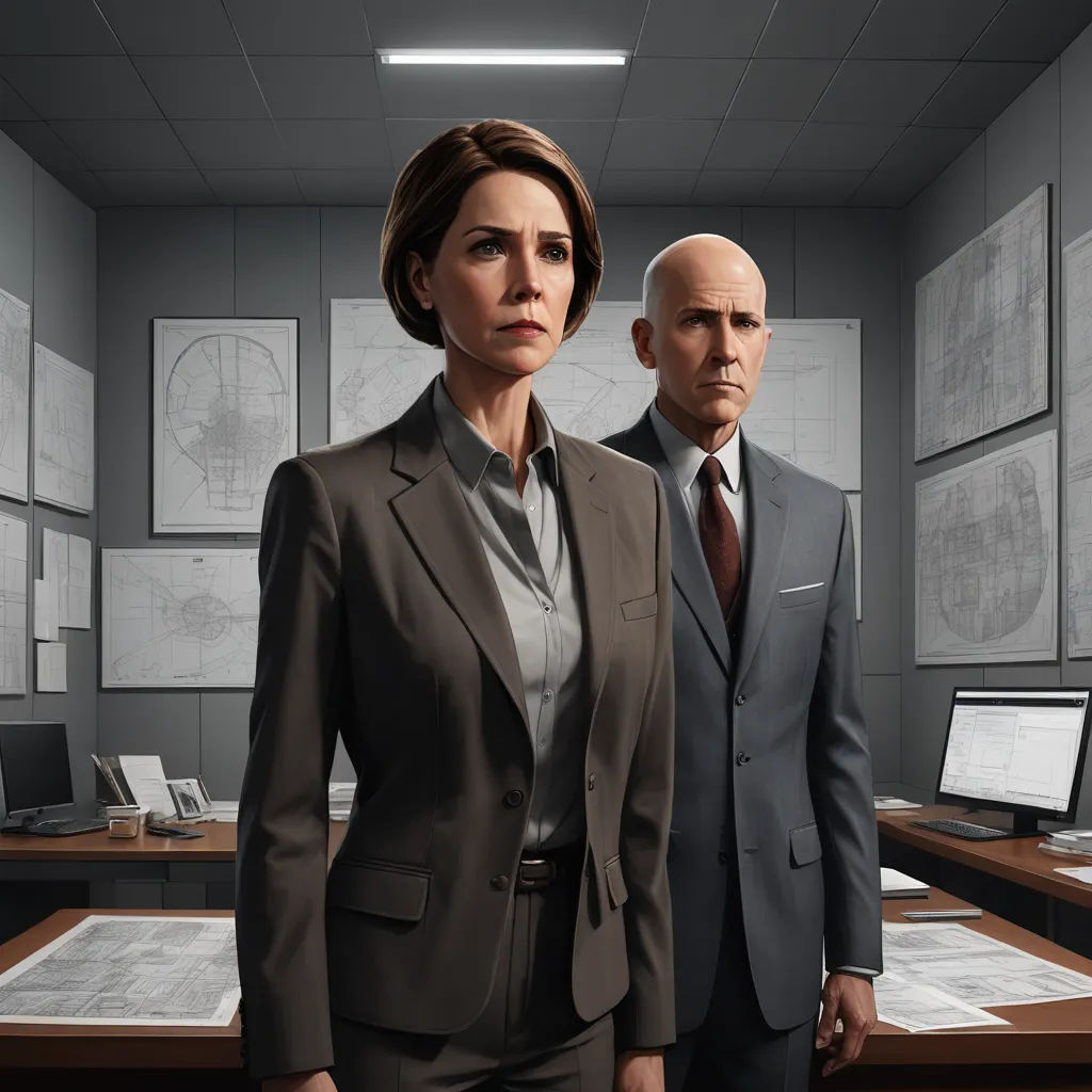a man and a woman in a suit standing in front of a desk with papers on it and a man in a suit standing behind them, sots art, computer graphics, Allan Brooks, ultra realistic illustration